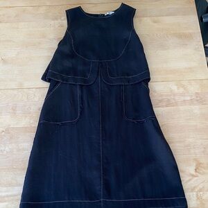 POL Black Textured Fabric Dress with Zipper, Frayed Edges, Contrast Stitching